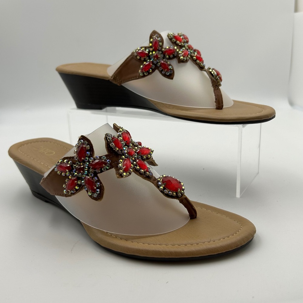 Cato Wedge Sandals Womens 8 Tan Red Jeweled Floral Thong Boho Glam 36571875